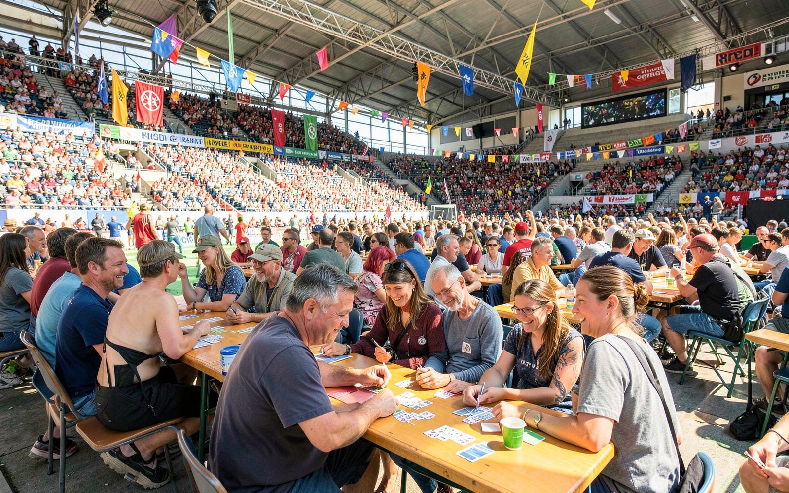Dansk Bridgefestival med fyldt hal og farvede bannere